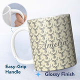 Personalized Custom Name Classic Deer Head Motif on Subtle Damask Background Seamless 11oz Ceramic Coffee Tea Mug White Large Handle