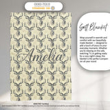 Classic Deer Head Motif on Subtle Damask Background Seamless  Personalised Custom Name Super Soft Fleece Blanket Bed Sofa Throw
