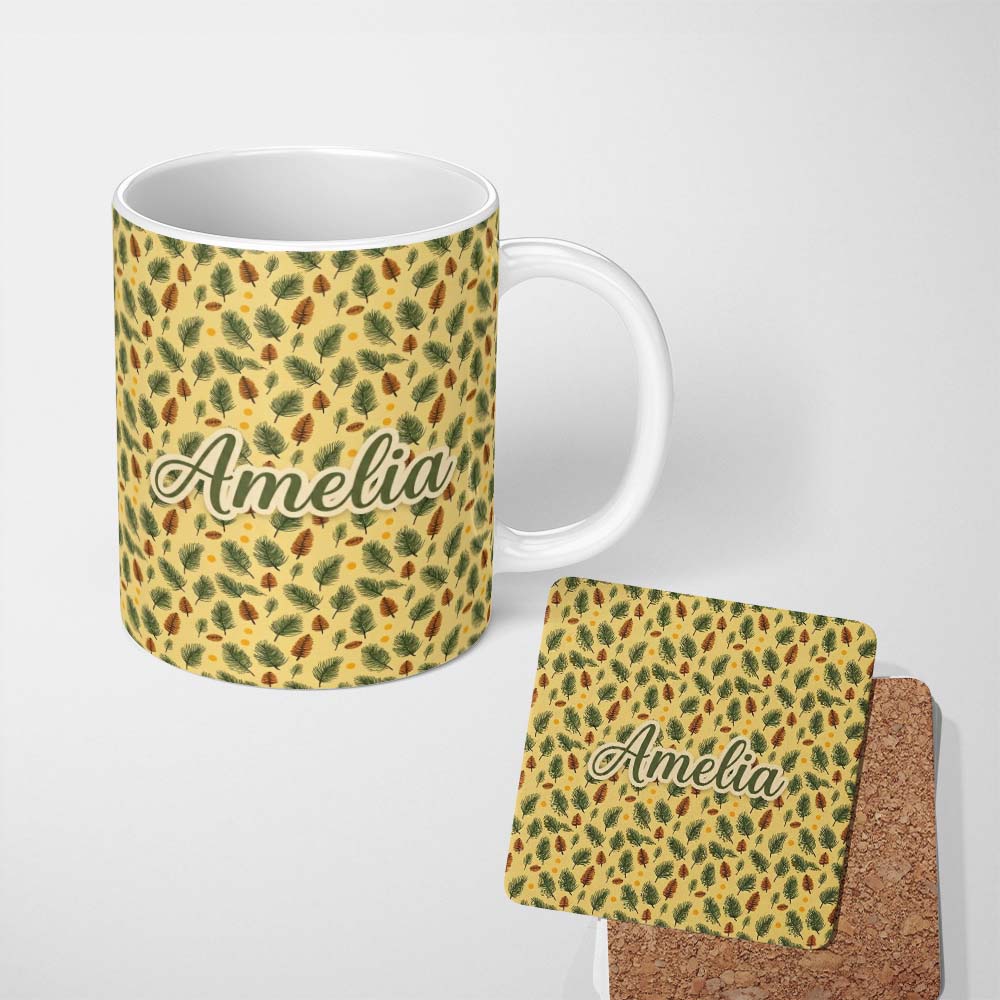 Personalized Custom Name Autumn Pine Cones and Green Fir Leaves Seamless Pattern Name Cute 11oz Ceramic Coffee Tea Mug White Large Handle