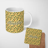 Personalized Custom Name Autumn Pine Cones and Green Fir Leaves Seamless Pattern Name Cute 11oz Ceramic Coffee Tea Mug White Large Handle