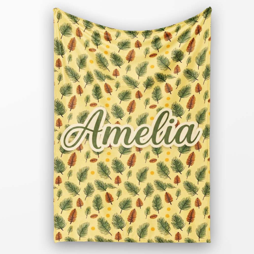 Autumn Pine Cones and Green Fir Leaves Seamless Pattern Name Cute  Personalised Custom Name Super Soft Fleece Blanket Bed Sofa Throw