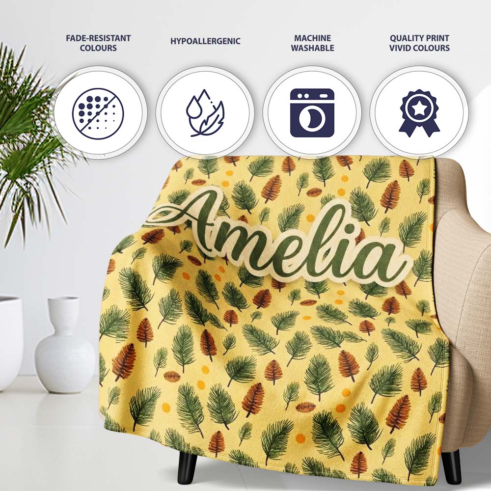 Autumn Pine Cones and Green Fir Leaves Seamless Pattern Name Cute  Personalised Custom Name Super Soft Fleece Blanket Bed Sofa Throw