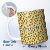 Personalized Custom Name Autumn Pine Cones and Green Fir Leaves Seamless Pattern Name Cute 11oz Ceramic Coffee Tea Mug White Large Handle
