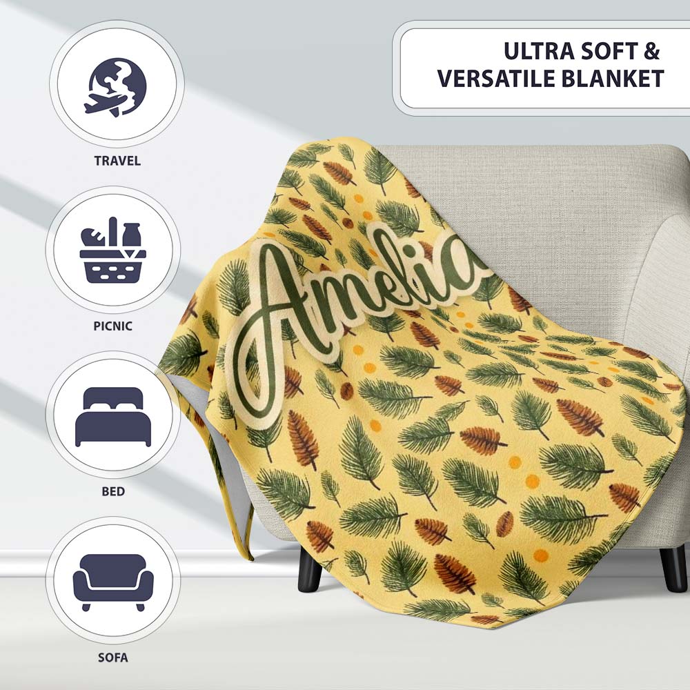 Autumn Pine Cones and Green Fir Leaves Seamless Pattern Name Cute  Personalised Custom Name Super Soft Fleece Blanket Bed Sofa Throw