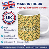 Personalized Custom Name Autumn Pine Cones and Green Fir Leaves Seamless Pattern Name Cute 11oz Ceramic Coffee Tea Mug White Large Handle