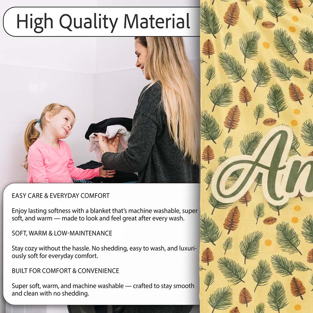 Autumn Pine Cones and Green Fir Leaves Seamless Pattern Name Cute  Personalised Custom Name Super Soft Fleece Blanket Bed Sofa Throw