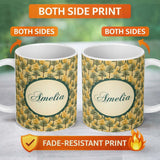 Personalized Custom Name Golden Forest Trees Repeating Woodland Seamless Pattern Name Cute 11oz Ceramic Coffee Tea Mug White Large Handle
