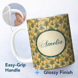 Personalized Custom Name Golden Forest Trees Repeating Woodland Seamless Pattern Name Cute 11oz Ceramic Coffee Tea Mug White Large Handle