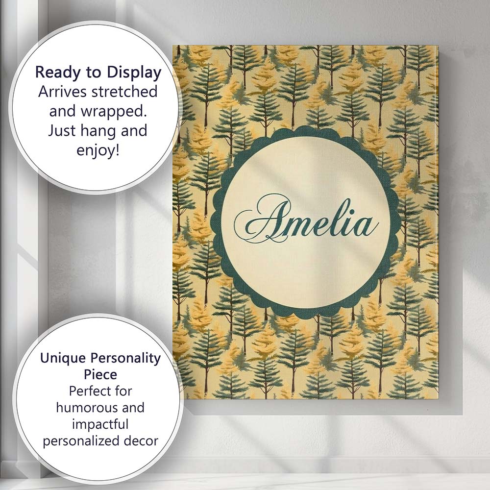 Personalised Name Golden Forest Trees Custom Modern Room Accent Creative Decorator Style Canvas Wall Art Print Decor Picture Ready to Hang