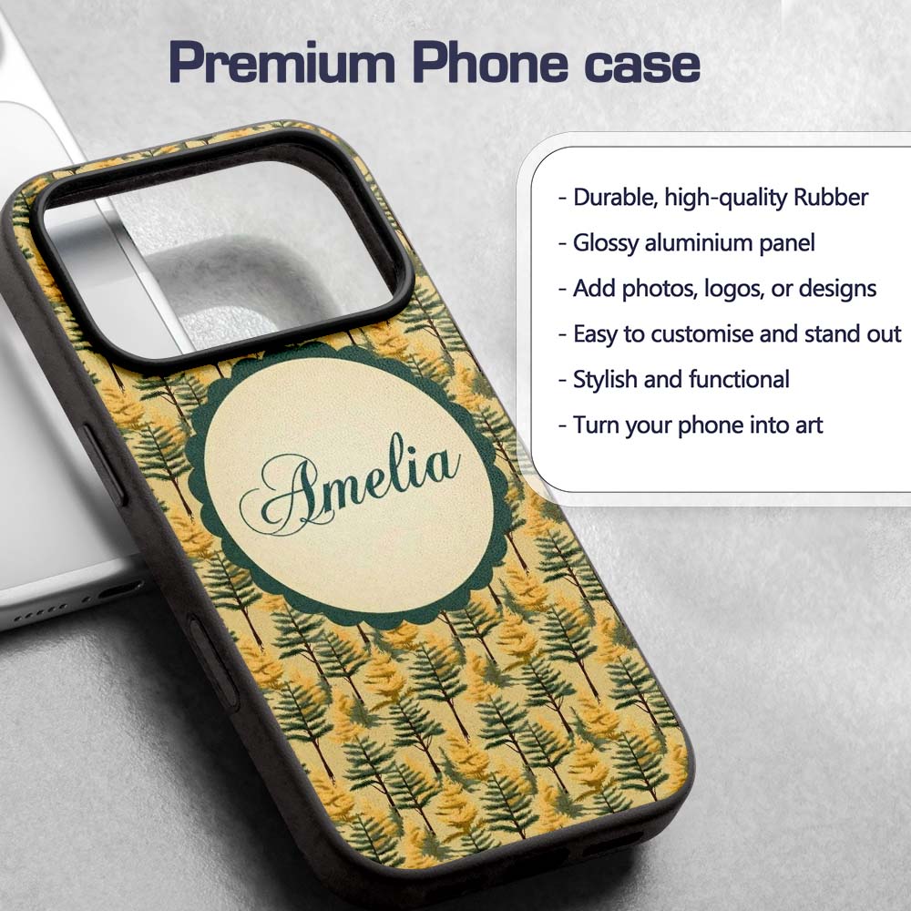 Golden Forest Trees Repeating Woodland Seamless Custom Name Protective Phone Case Mobile Cover Durable Everyday Smartphone Shock Resistant