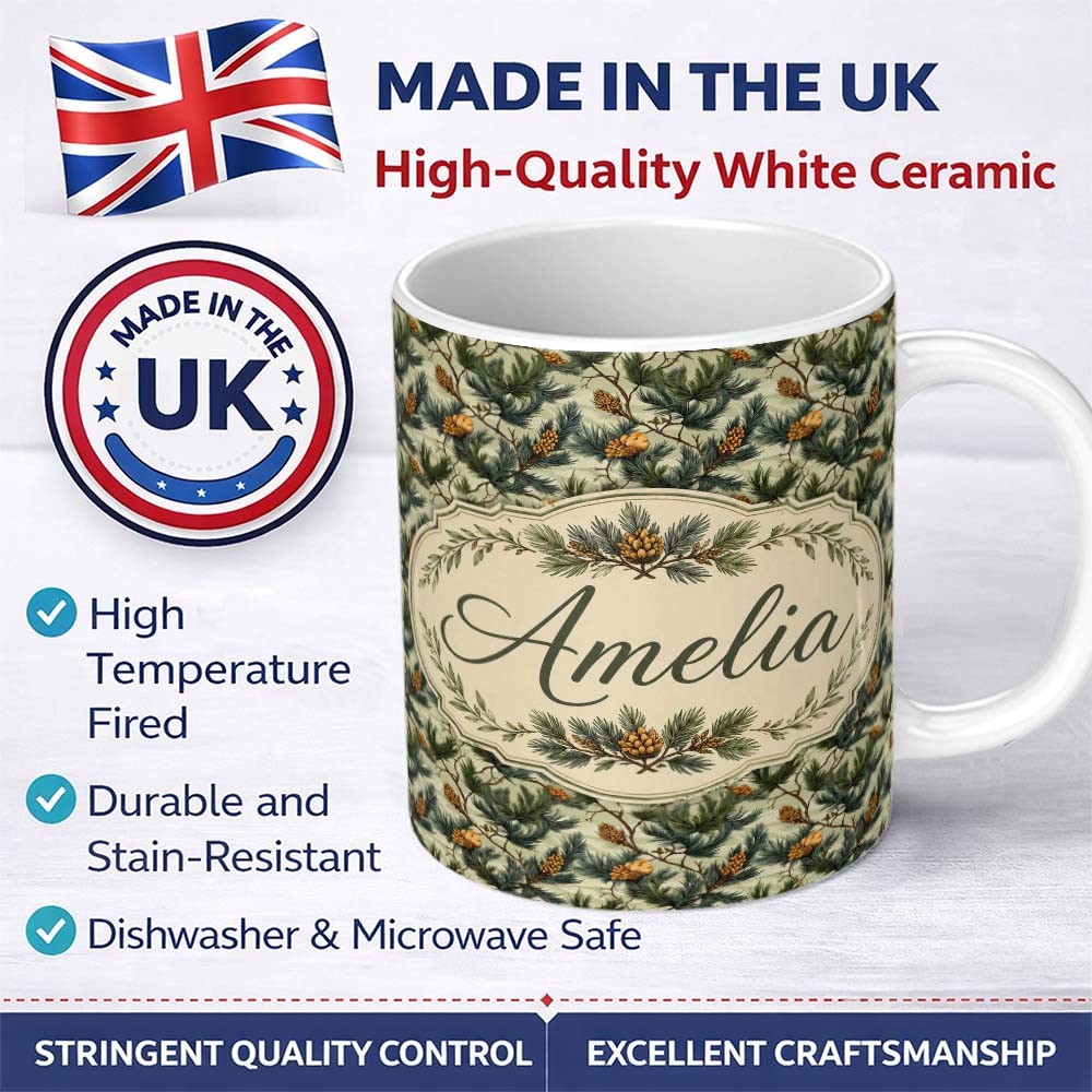 Personalized Custom Name Detailed Pine Branches with Cones Nature Seamless Pattern Custom 11oz Ceramic Coffee Tea Mug White Large Handle
