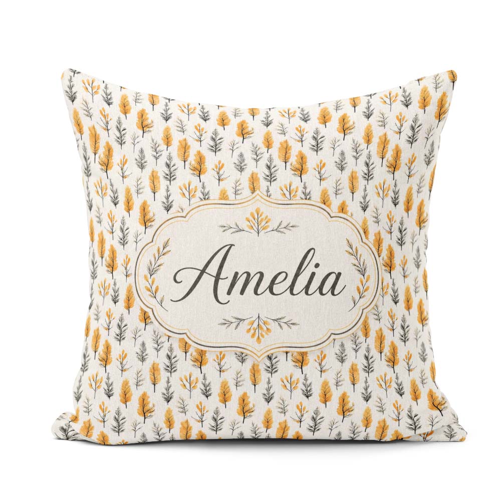 Custom Name Minimal Autumn Leaves Sprigs Neutral Seamless Custom Square Filled Cushion Throw Pillow Sofa Bed Home Decor Zip Washable UK Made