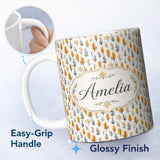 Personalized Custom Name Minimal Autumn Leaves and Sprigs Neutral Seamless Pattern Custom 11oz Ceramic Coffee Tea Mug White Large Handle