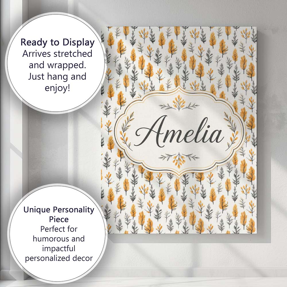 Personalised Name Minimal Autumn Leaves and Custom  Bespoke Interior Contemporary Canvas Wall Art Print Decor Picture Ready to Hang