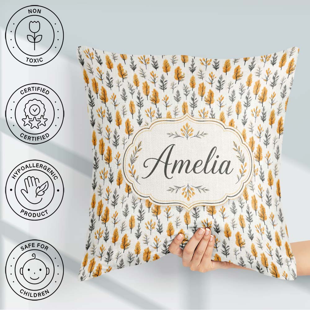 Custom Name Minimal Autumn Leaves Sprigs Neutral Seamless Custom Square Filled Cushion Throw Pillow Sofa Bed Home Decor Zip Washable UK Made