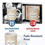 Personalized Custom Name Minimal Autumn Leaves and Sprigs Neutral Seamless Pattern Custom 11oz Ceramic Coffee Tea Mug White Large Handle