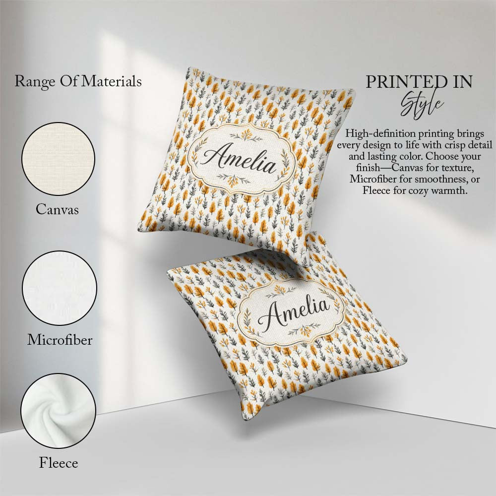 Custom Name Minimal Autumn Leaves Sprigs Neutral Seamless Custom Square Filled Cushion Throw Pillow Sofa Bed Home Decor Zip Washable UK Made