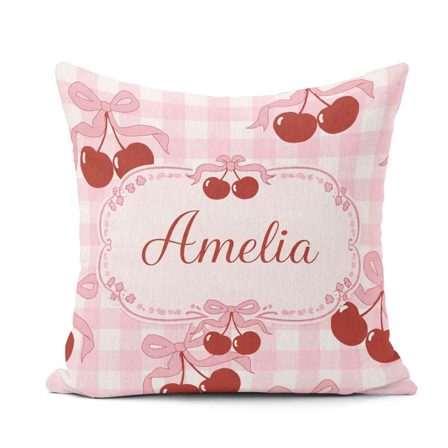Custom Name Cherry Bow Ribbon Pink Gingham Soft Seamless Pattern Square Filled Cushion Throw Pillow Sofa Bed Home Decor Zip Washable UK Made