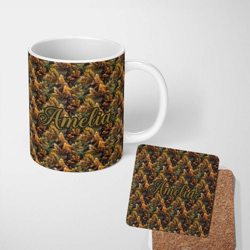 Personalized Custom Name Rich Autumn Foliage Dense Leaf Texture Seamless Pattern Name Cute 11oz Ceramic Coffee Tea Mug White Large Handle