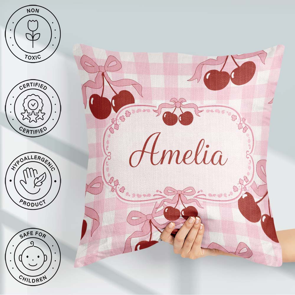 Custom Name Cherry Bow Ribbon Pink Gingham Soft Seamless Pattern Square Filled Cushion Throw Pillow Sofa Bed Home Decor Zip Washable UK Made