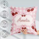 Custom Name Cherry Bow Ribbon Pink Gingham Soft Seamless Pattern Square Filled Cushion Throw Pillow Sofa Bed Home Decor Zip Washable UK Made