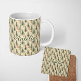 Personalized Custom Name Soft Watercolor Pine Leaves Natural Seamless Pattern Name Cute 11oz Ceramic Coffee Tea Mug White Large Handle
