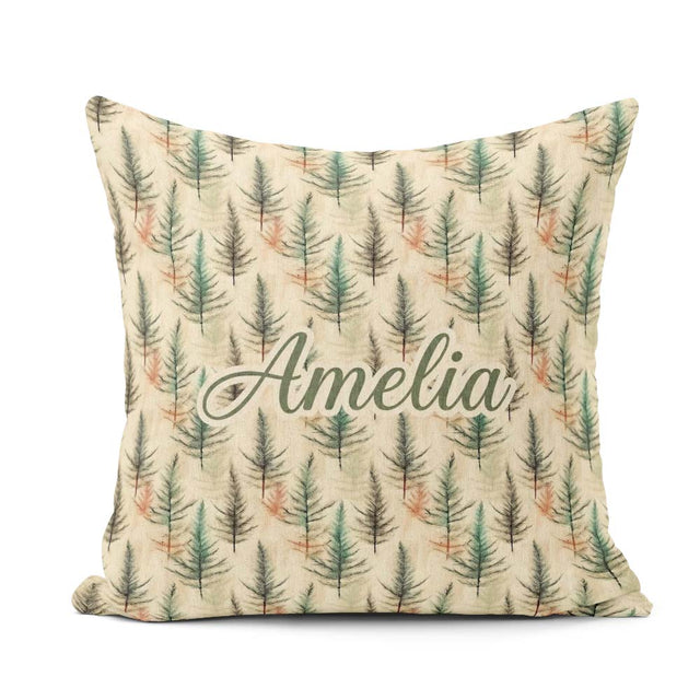 Custom Name Soft Pine Leaves Natural Seamless Pattern Name Cute Square Filled Cushion Throw Pillow Sofa Bed Home Decor Zip Washable UK Made