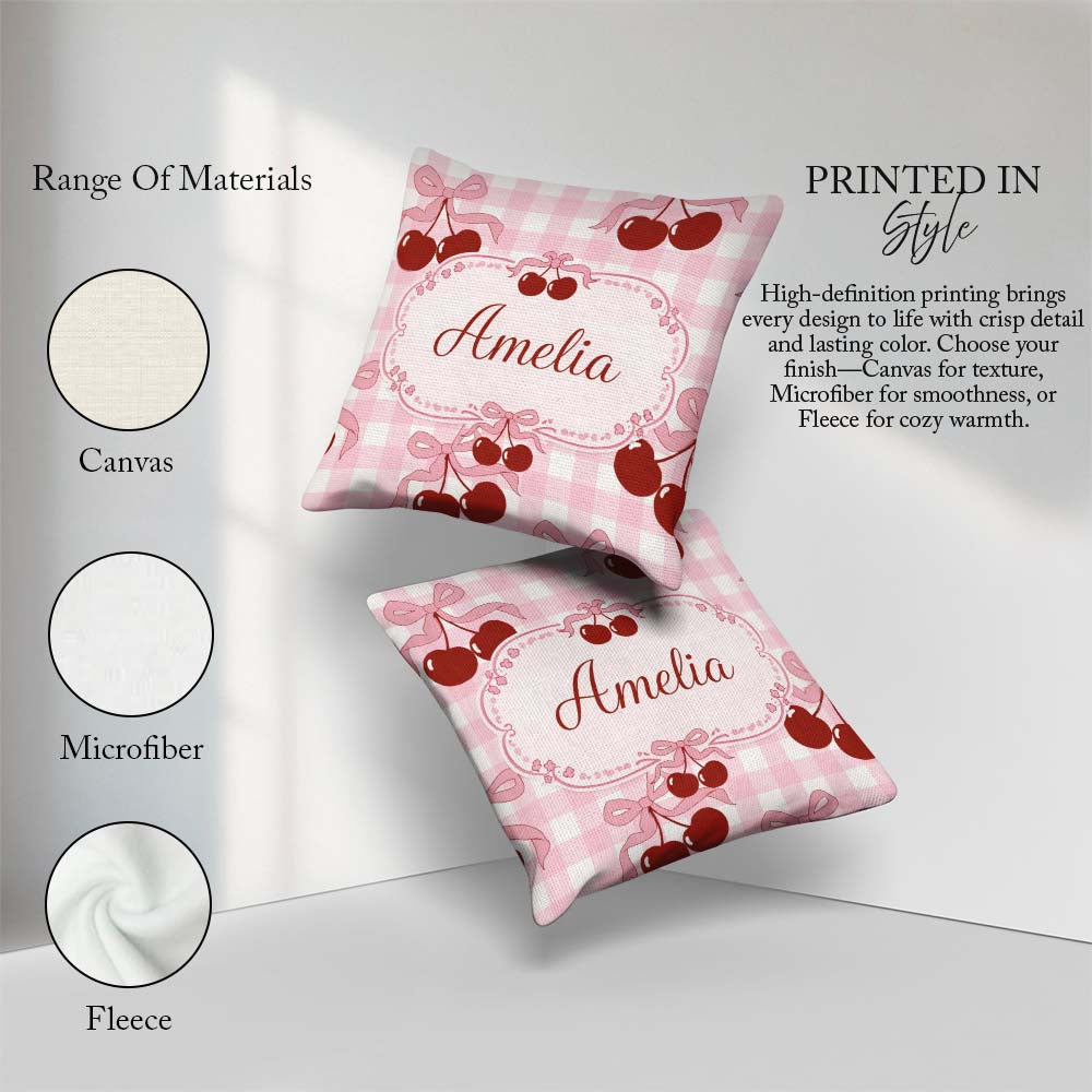 Custom Name Cherry Bow Ribbon Pink Gingham Soft Seamless Pattern Square Filled Cushion Throw Pillow Sofa Bed Home Decor Zip Washable UK Made