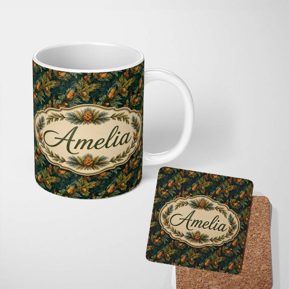 Personalized Custom Name Dark Evergreen Pine Branches with Cones Seamless Pattern Name Cute 11oz Ceramic Coffee Tea Mug White Large Handle