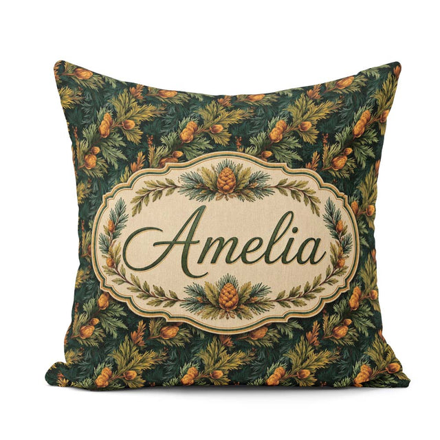 Custom Name Dark Evergreen Pine Branches with Cones Pattern Name Square Filled Cushion Throw Pillow Sofa Bed Home Decor Zip Washable UK Made