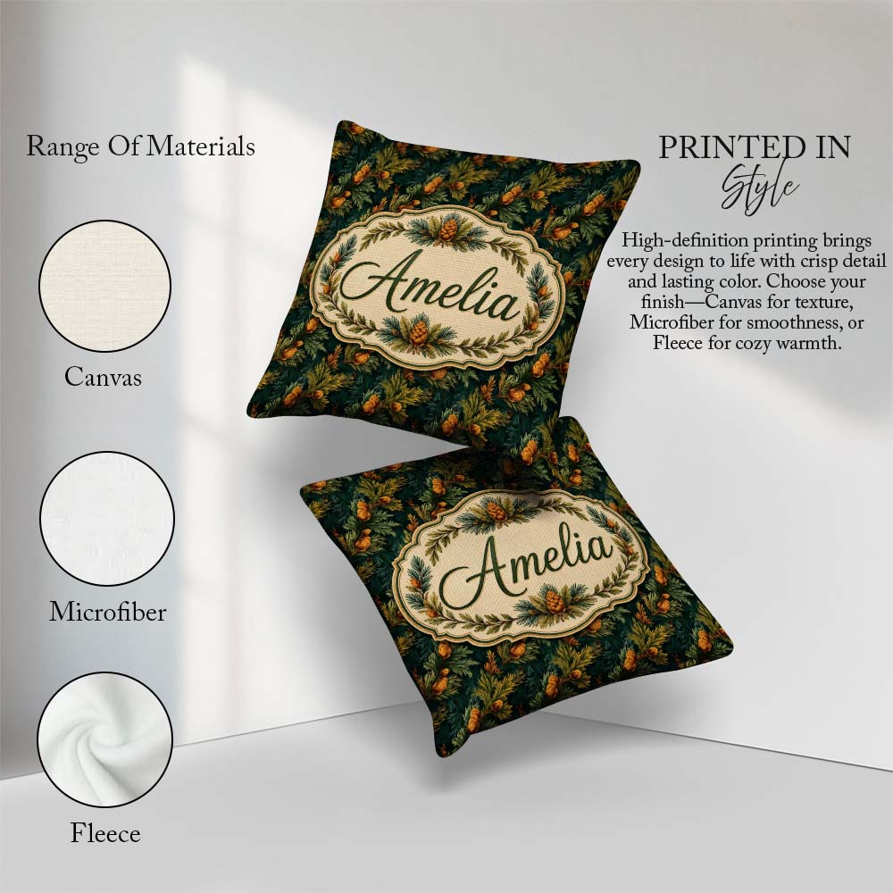 Custom Name Dark Evergreen Pine Branches with Cones Pattern Name Square Filled Cushion Throw Pillow Sofa Bed Home Decor Zip Washable UK Made