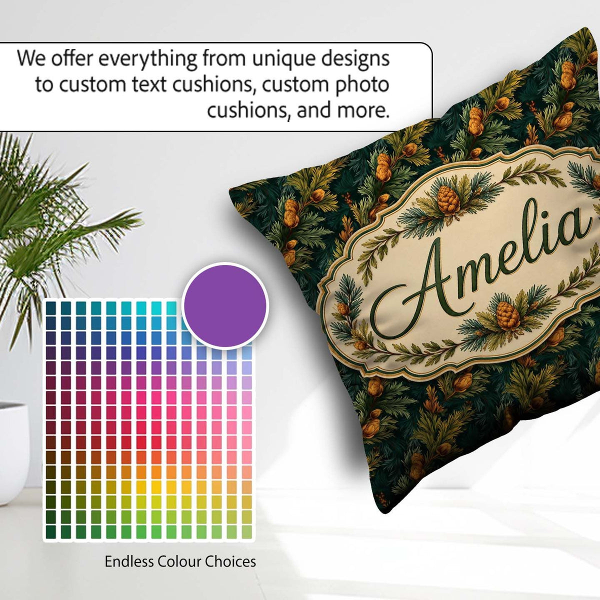 Custom Name Dark Evergreen Pine Branches with Cones Pattern Name Square Filled Cushion Throw Pillow Sofa Bed Home Decor Zip Washable UK Made