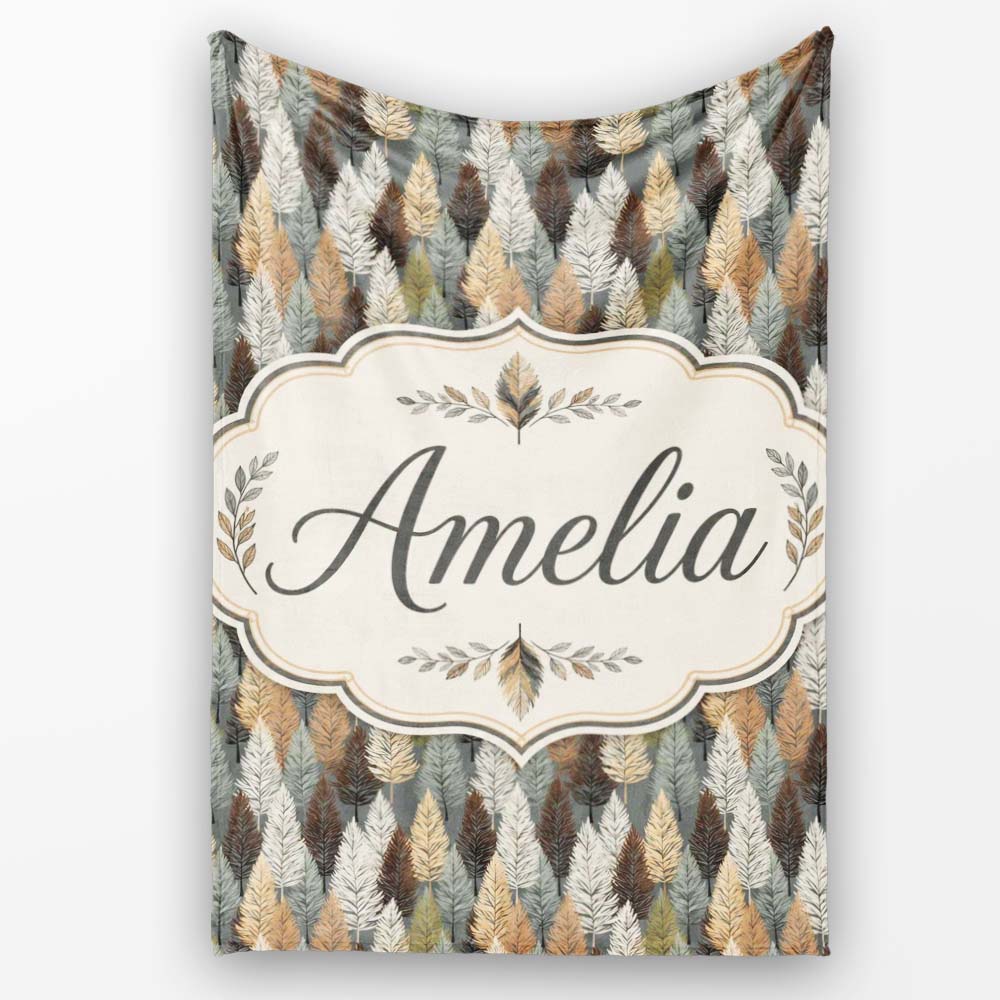 Autumn Neutral Leaf Pattern with Grey Brown and Beige Tones  Personalised Custom Name Super Soft Fleece Blanket Bed Sofa Throw