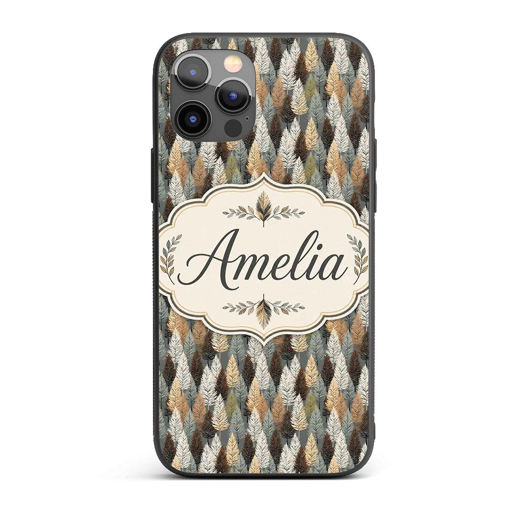 Autumn Neutral Leaf Pattern with Grey Brown and Custom Name Protective Phone Case Mobile Cover Durable Everyday Smartphone Shock Resistant