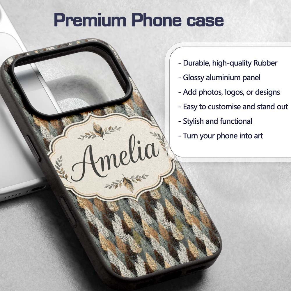 Autumn Neutral Leaf Pattern with Grey Brown and Custom Name Protective Phone Case Mobile Cover Durable Everyday Smartphone Shock Resistant