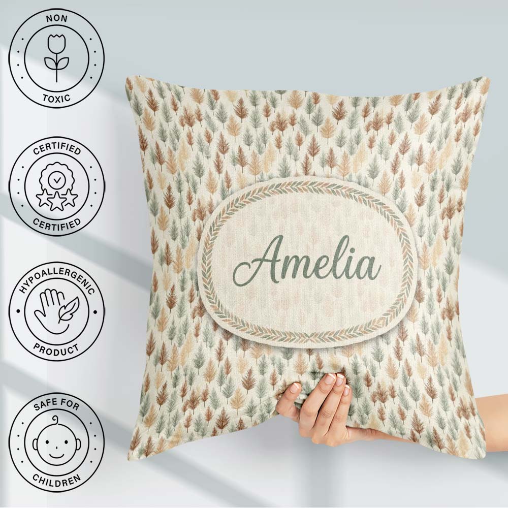 Custom Name Soft Minimal Pine Leaf in Warm Earthy Tones Seamless Square Filled Cushion Throw Pillow Sofa Bed Home Decor Zip Washable UK Made