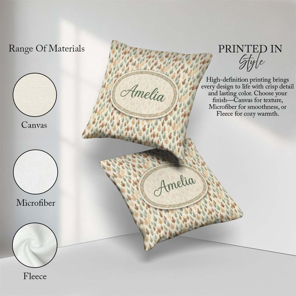 Custom Name Soft Minimal Pine Leaf in Warm Earthy Tones Seamless Square Filled Cushion Throw Pillow Sofa Bed Home Decor Zip Washable UK Made