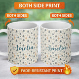 Personalized Custom Name Scandinavian Style Abstract Trees and Dots Seamless Pattern Name 11oz Ceramic Coffee Tea Mug White Large Handle
