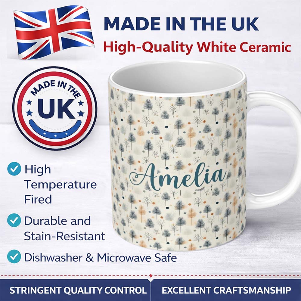 Personalized Custom Name Scandinavian Style Abstract Trees and Dots Seamless Pattern Name 11oz Ceramic Coffee Tea Mug White Large Handle