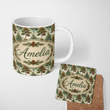 Personalized Custom Name Vintage Woodland Trees Landscape Repeat Pattern Name Cute Unique 11oz Ceramic Coffee Tea Mug White Large Handle