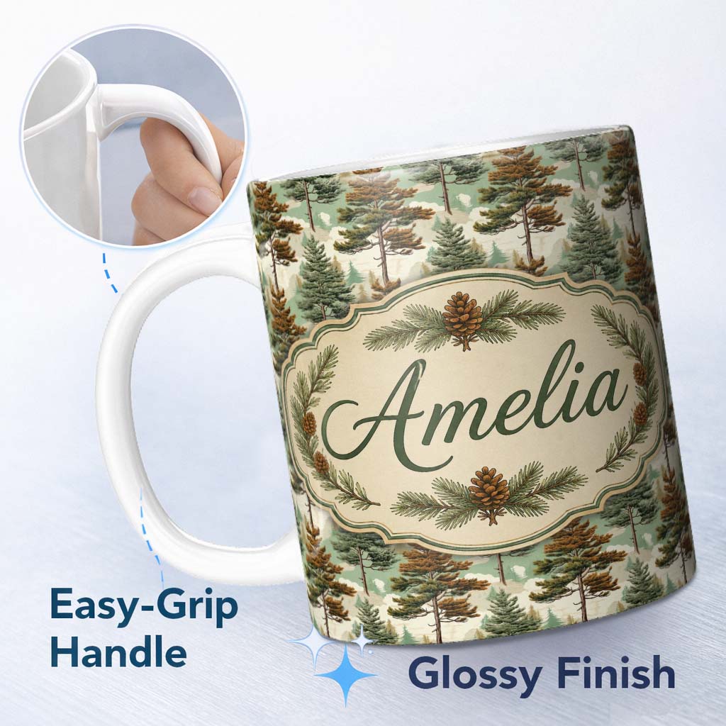 Personalized Custom Name Vintage Woodland Trees Landscape Repeat Pattern Name Cute Unique 11oz Ceramic Coffee Tea Mug White Large Handle