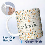 Personalized Custom Name Autumn Leaves in Soft Pastel Tones Seamless Pattern Name Cute 11oz Ceramic Coffee Tea Mug White Large Handle