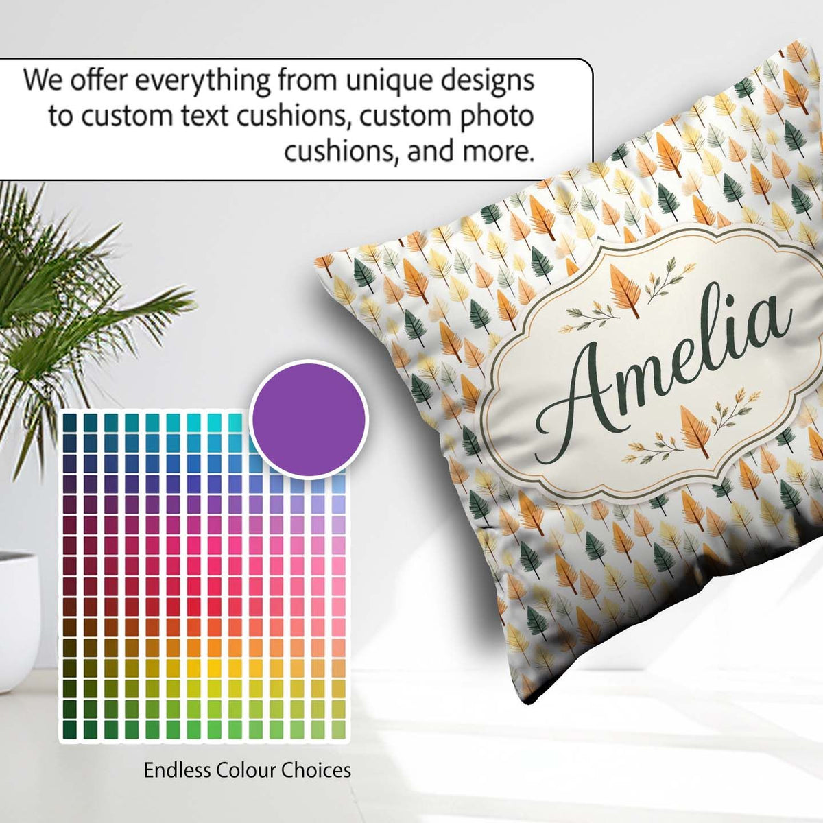 Custom Name Autumn Leaves in Soft Pastel Tones Pattern Name Cute Square Filled Cushion Throw Pillow Sofa Bed Home Decor Zip Washable UK Made