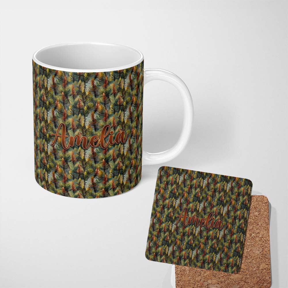 Personalized Custom Name Painterly Pine Leaves with Rich Texture Seamless Pattern Name Cute 11oz Ceramic Coffee Tea Mug White Large Handle