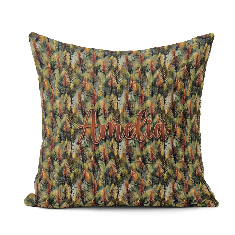 Custom Name Painterly Pine Leaves with Rich Texture Pattern Name Square Filled Cushion Throw Pillow Sofa Bed Home Decor Zip Washable UK Made