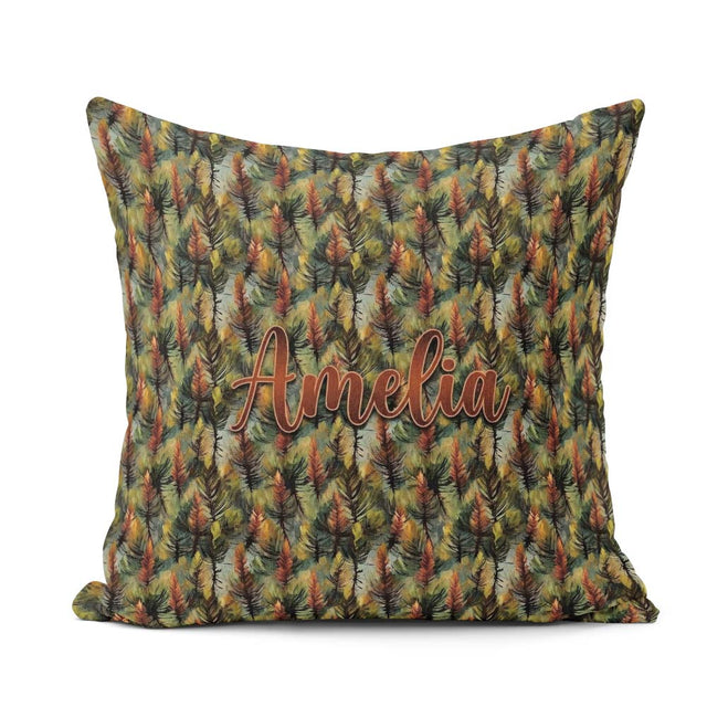Custom Name Painterly Pine Leaves with Rich Texture Pattern Name Square Filled Cushion Throw Pillow Sofa Bed Home Decor Zip Washable UK Made