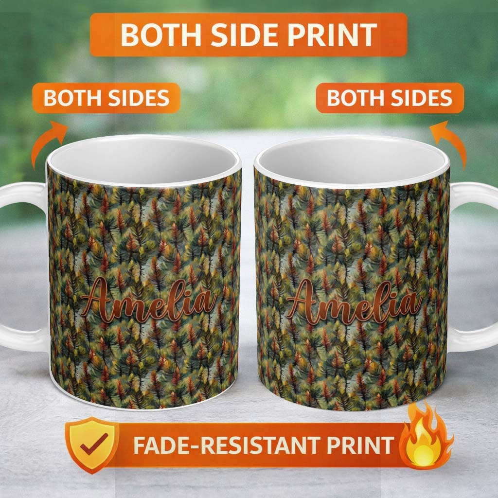 Personalized Custom Name Painterly Pine Leaves with Rich Texture Seamless Pattern Name Cute 11oz Ceramic Coffee Tea Mug White Large Handle