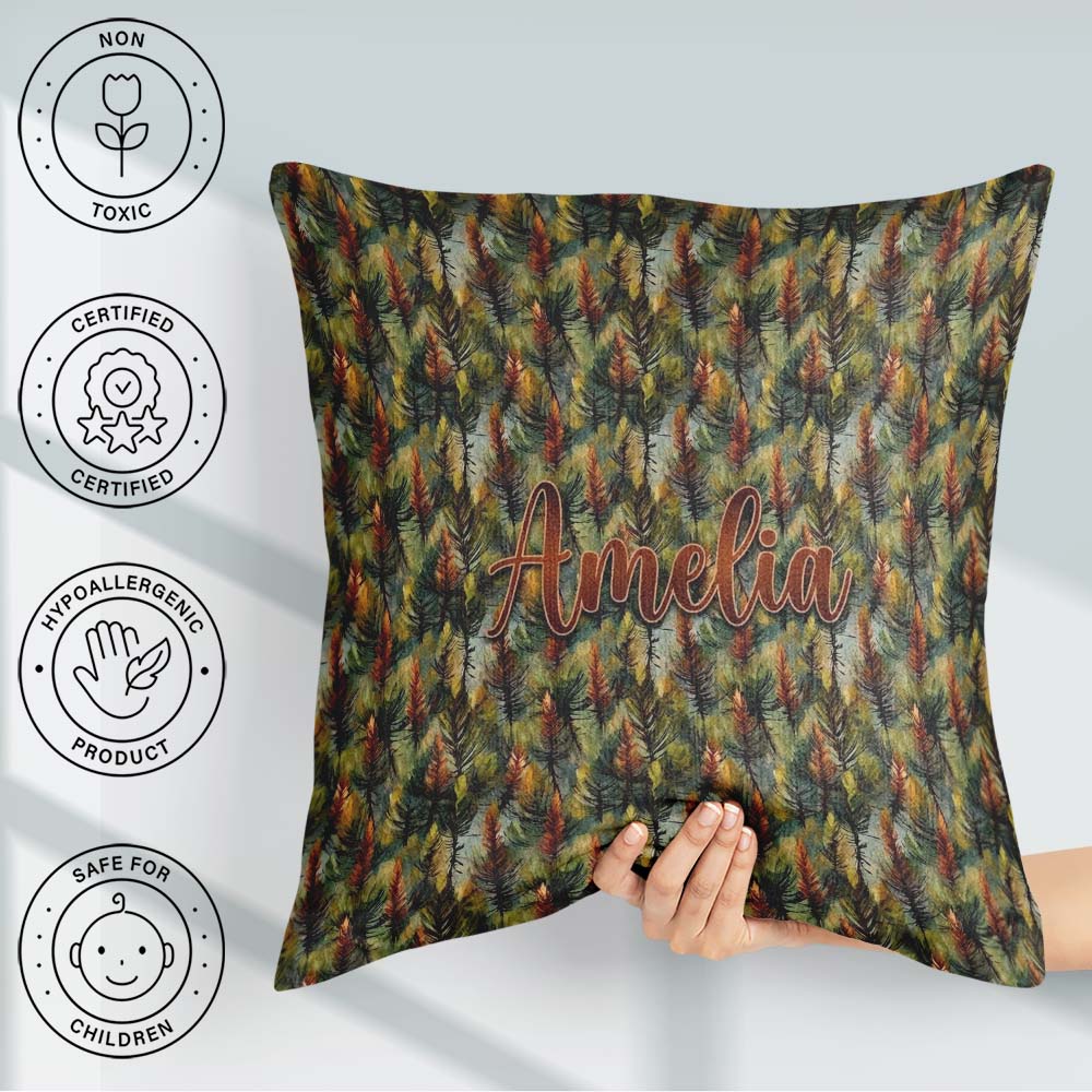 Custom Name Painterly Pine Leaves with Rich Texture Pattern Name Square Filled Cushion Throw Pillow Sofa Bed Home Decor Zip Washable UK Made