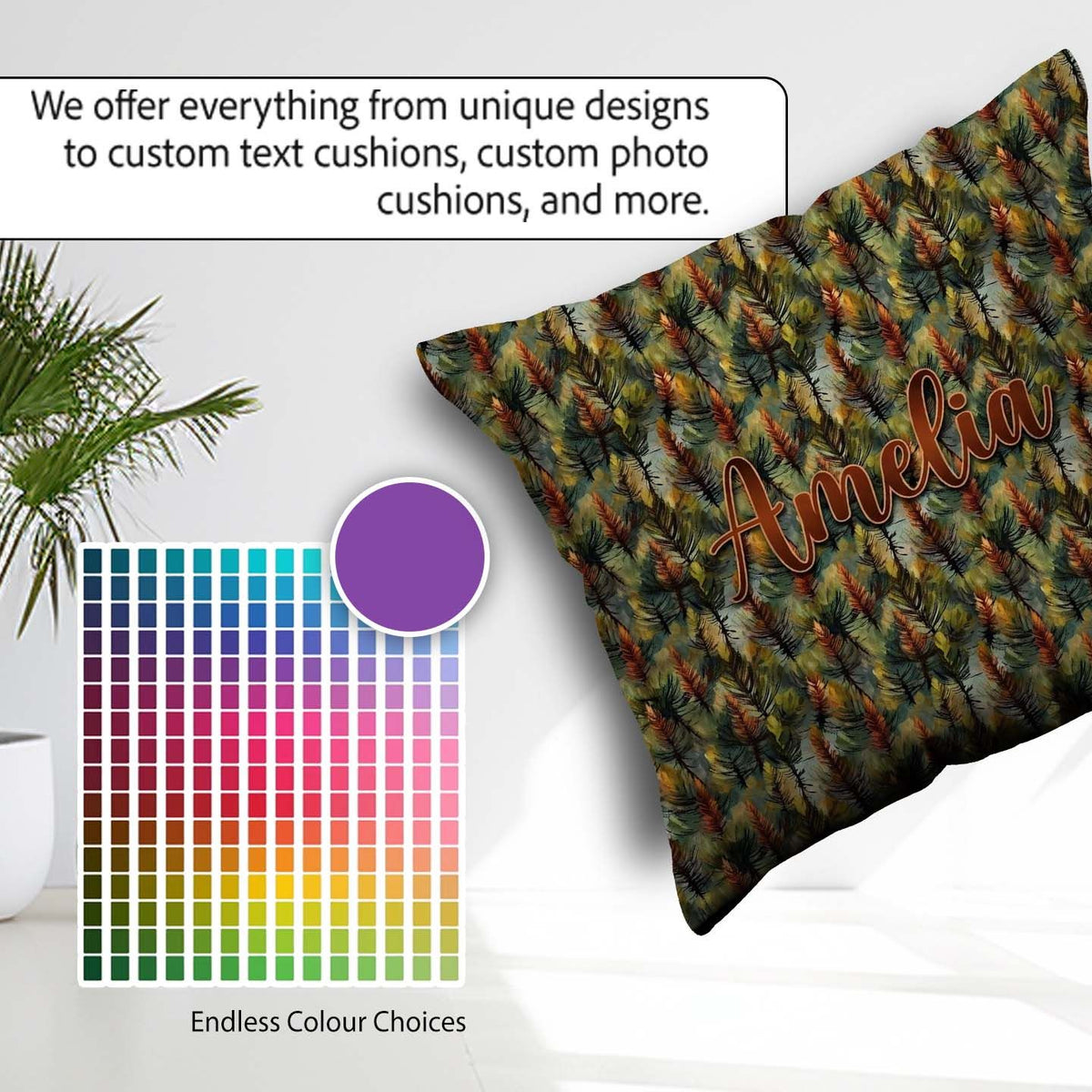 Custom Name Painterly Pine Leaves with Rich Texture Pattern Name Square Filled Cushion Throw Pillow Sofa Bed Home Decor Zip Washable UK Made