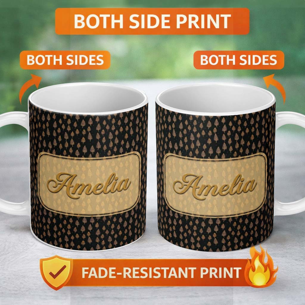 Personalized Custom Name Elegant Gold Leaf Motif on Black Background Seamless Pattern Name 11oz Ceramic Coffee Tea Mug White Large Handle
